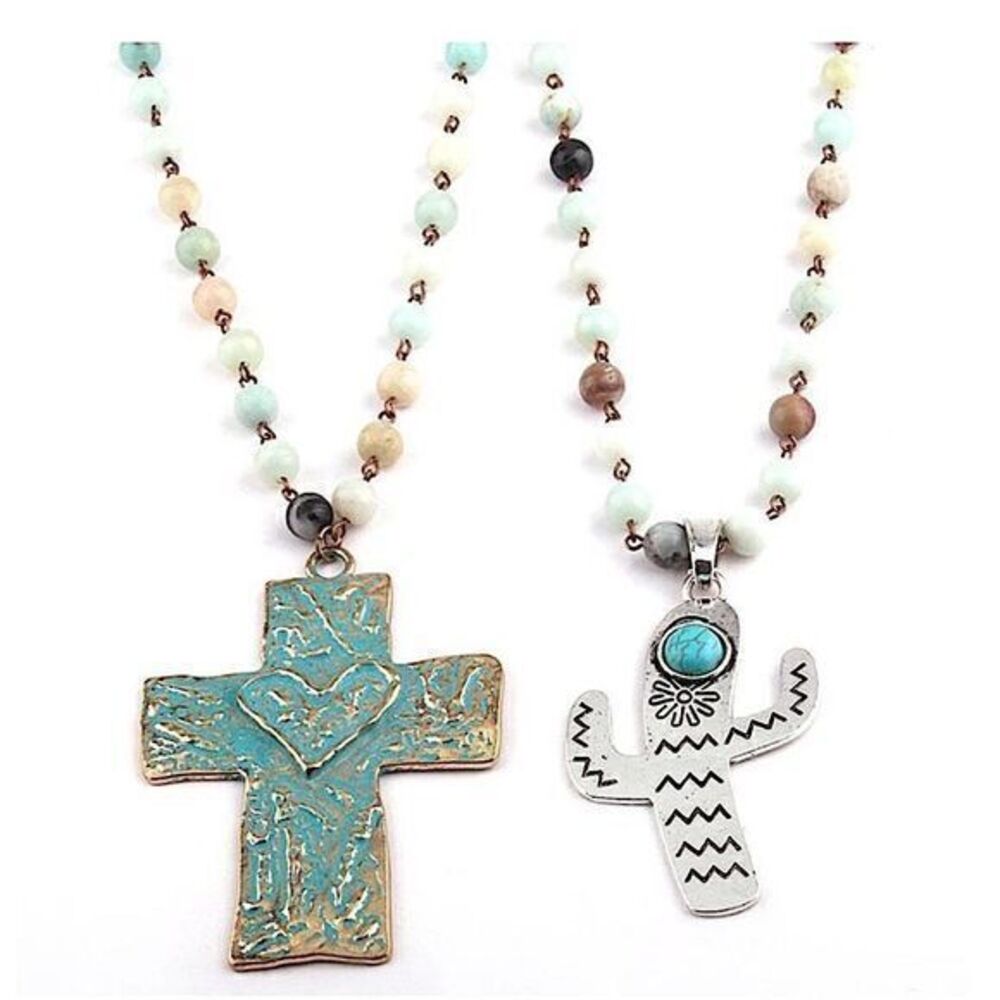 Rustic Spiritual Jewelry Amazonite Beaded Rosary Style & Silver Cactus Pendant